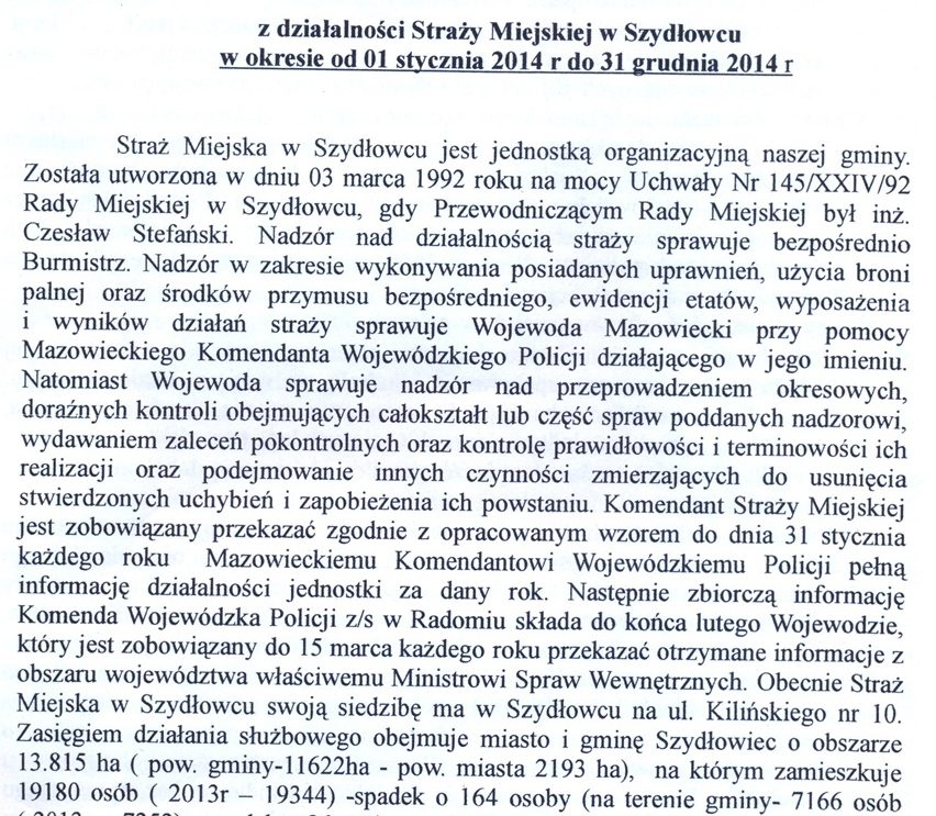 Sprawozdanie z działalności Straży Miejskiej w Szydłowcu