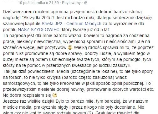 Portal Nasz Szydłowiec zdobywcą „Skrzydeł 2015” w kategorii media