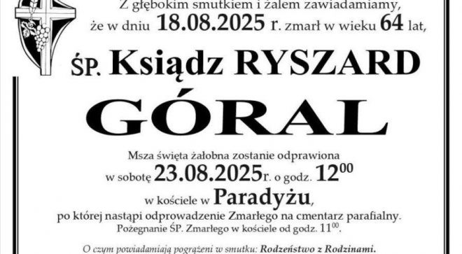 Zmarł ks. Ryszard Góral – były wikariusz parafii Orońsko i Szydłowiec